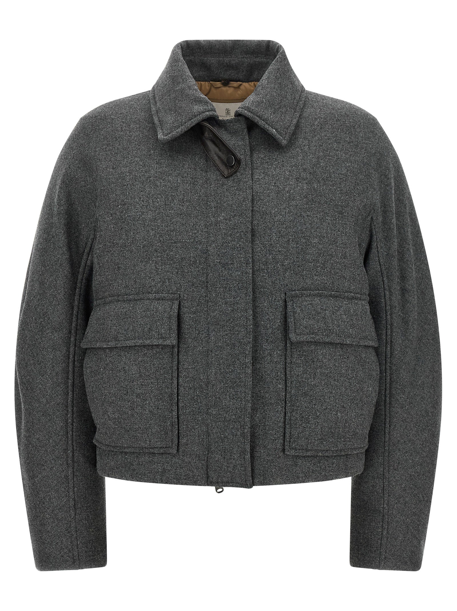 Overcoat by Brunello Cucinelli for women in virgin cashmere wool & leather brown & dark-gray features an satoral silhouette, showcasing a sophisticated shirt-collar neckline and satoral thermal & pockets for a premium, timeless look.
