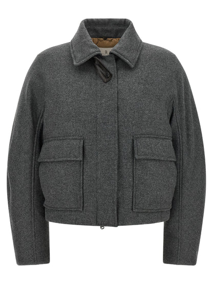 Overcoat by Brunello Cucinelli for women in virgin cashmere wool & leather brown & dark-gray features an satoral silhouette, showcasing a sophisticated shirt-collar neckline and satoral thermal & pockets for a premium, timeless look.