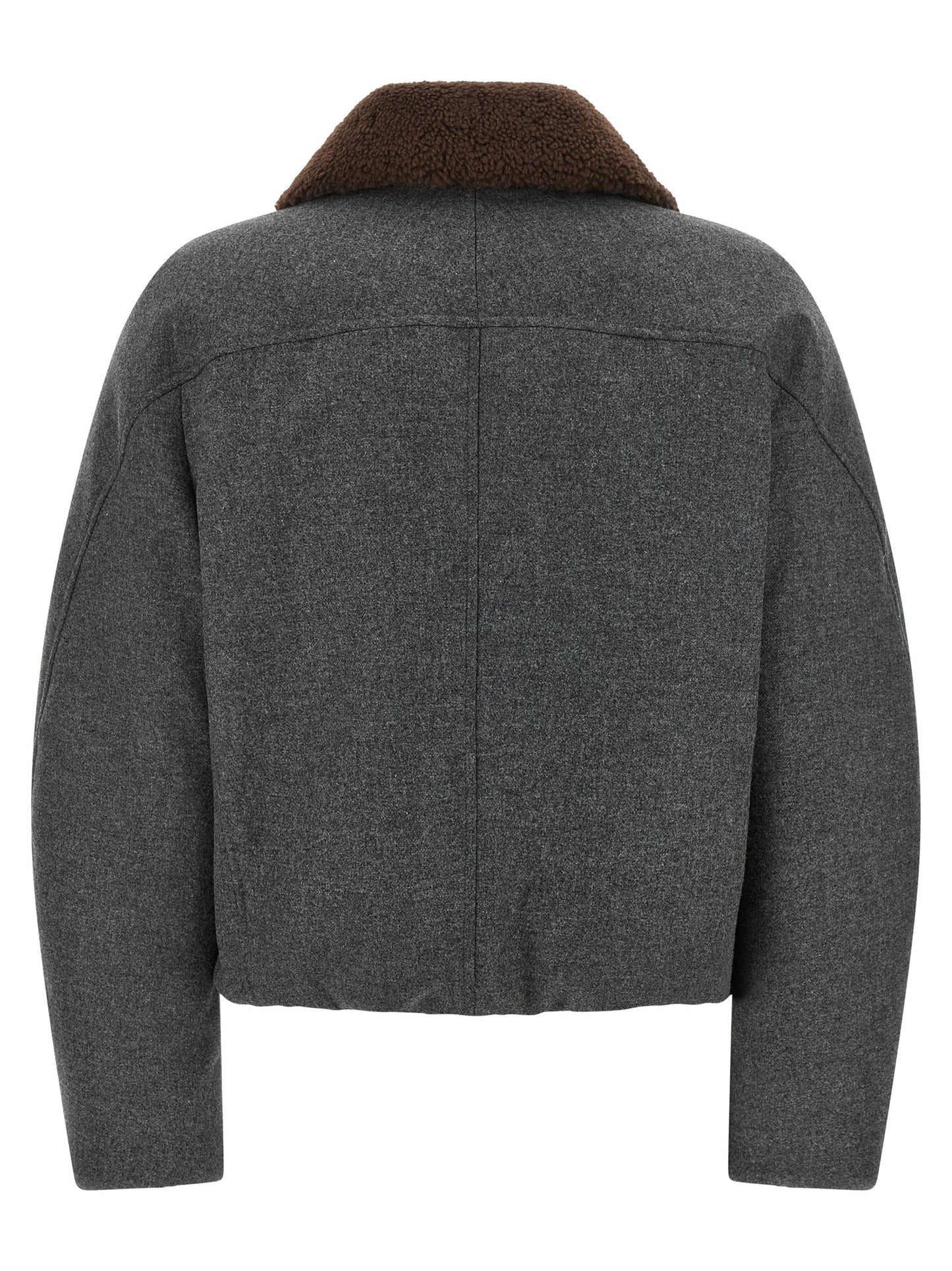 Overcoat by Brunello Cucinelli for women in virgin cashmere wool & leather brown & dark-gray showcases a architectural silhouette, artfully detailed with a distinctive shirt-collar neckline and functional thermal & pockets for a architectural finish.