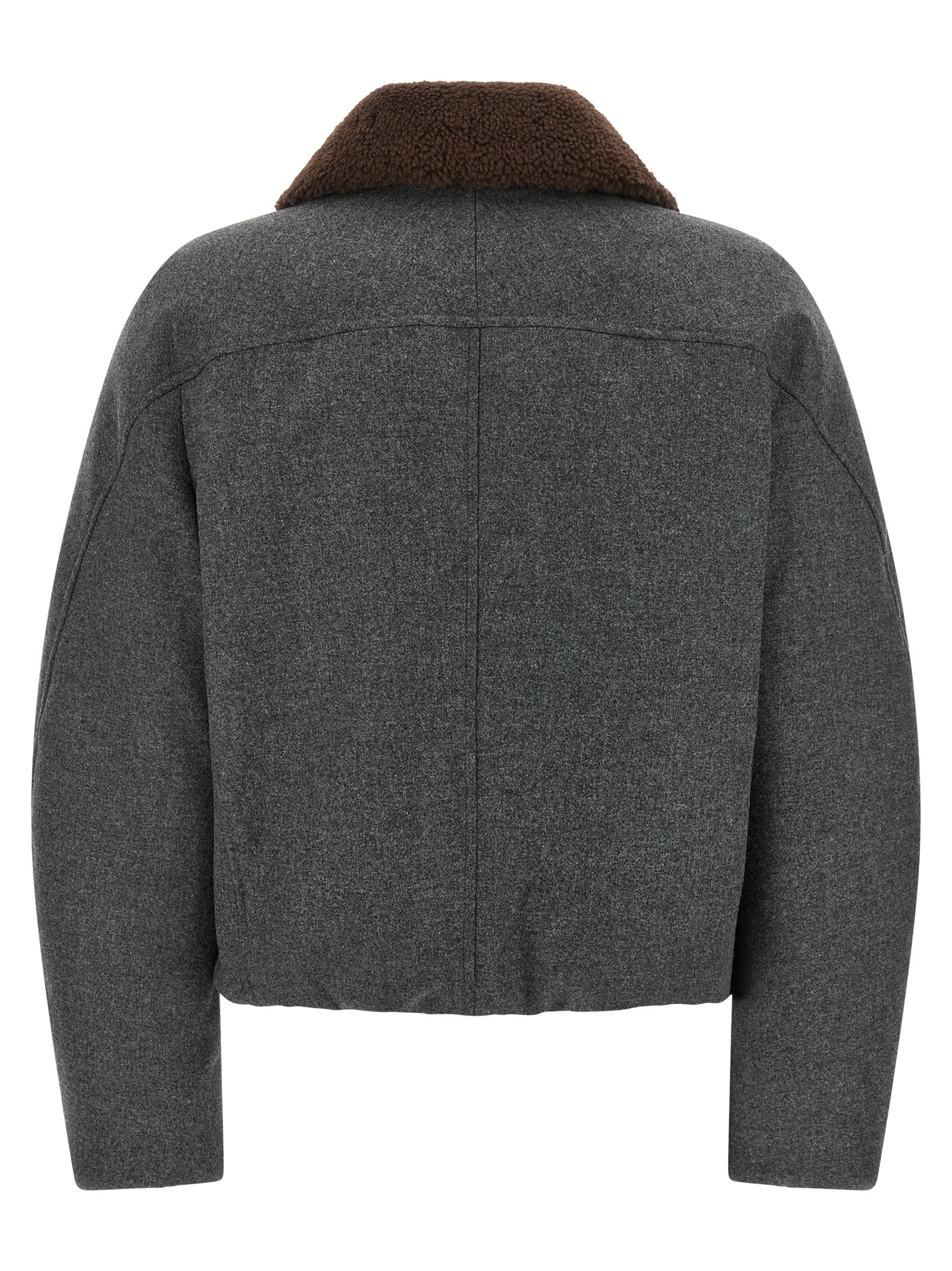 Overcoat by Brunello Cucinelli for women in virgin cashmere wool & leather brown & dark-gray showcases a architectural silhouette, artfully detailed with a distinctive shirt-collar neckline and functional thermal & pockets for a architectural finish.