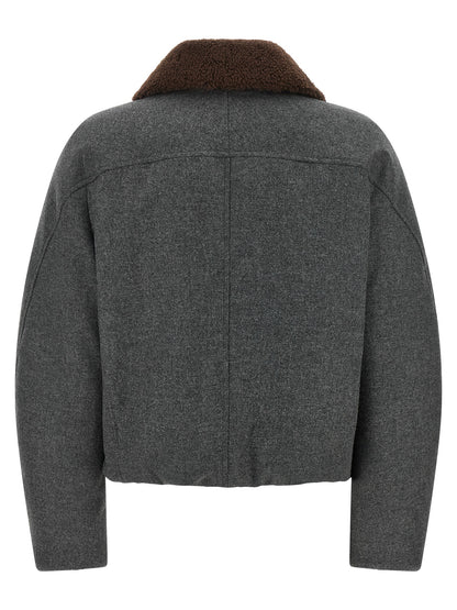 Overcoat by Brunello Cucinelli for women in virgin cashmere wool & leather brown & dark-gray showcases a architectural silhouette, artfully detailed with a distinctive shirt-collar neckline and functional thermal & pockets for a architectural finish.