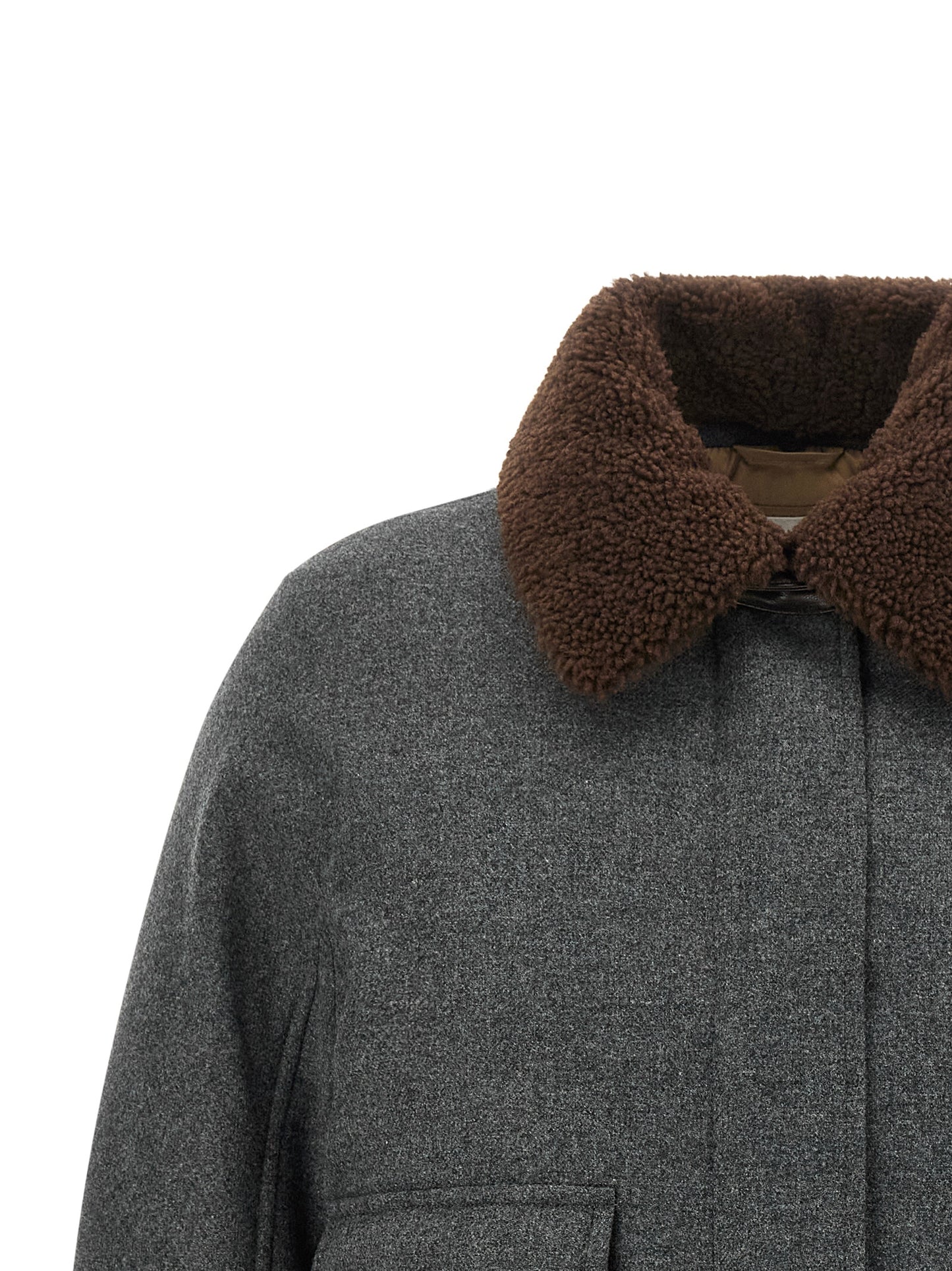 Overcoat by Brunello Cucinelli for women in virgin cashmere wool & leather brown & dark-gray features an voluminous silhouette, showcasing distinct thermal & pockets and a voluminous shirt-collar neckline for a truly voluminous aesthetic.