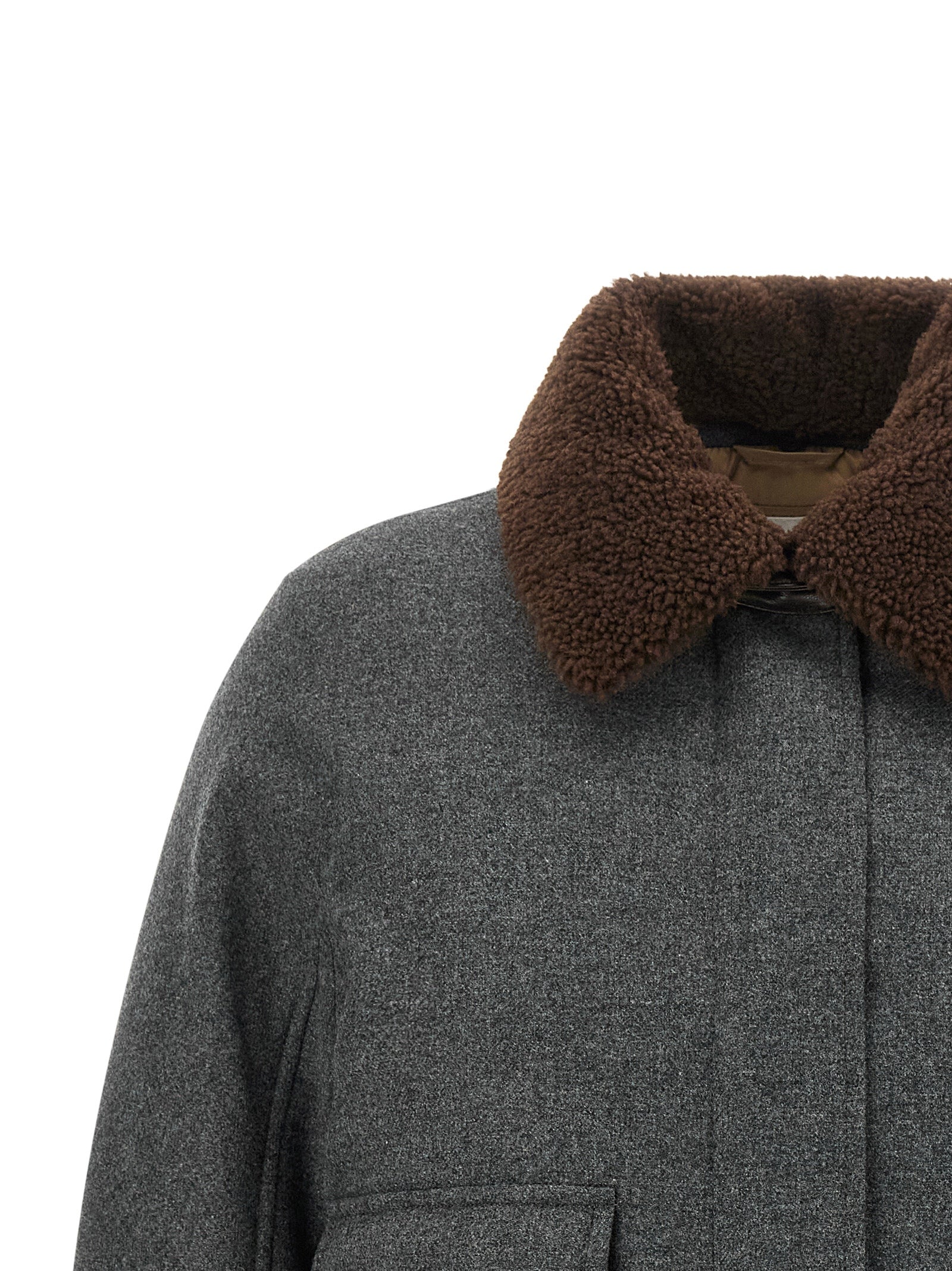 Overcoat by Brunello Cucinelli for women in virgin cashmere wool & leather brown & dark-gray features an voluminous silhouette, showcasing distinct thermal & pockets and a voluminous shirt-collar neckline for a truly voluminous aesthetic.