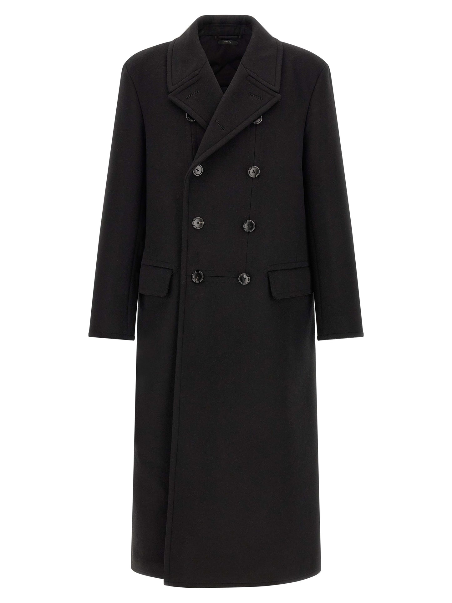 Overcoat by Tom Ford for men in cashmere virgin wool black showcases a architectural silhouette, artfully detailed with a distinctive split neckline and functional pockets for a architectural finish.