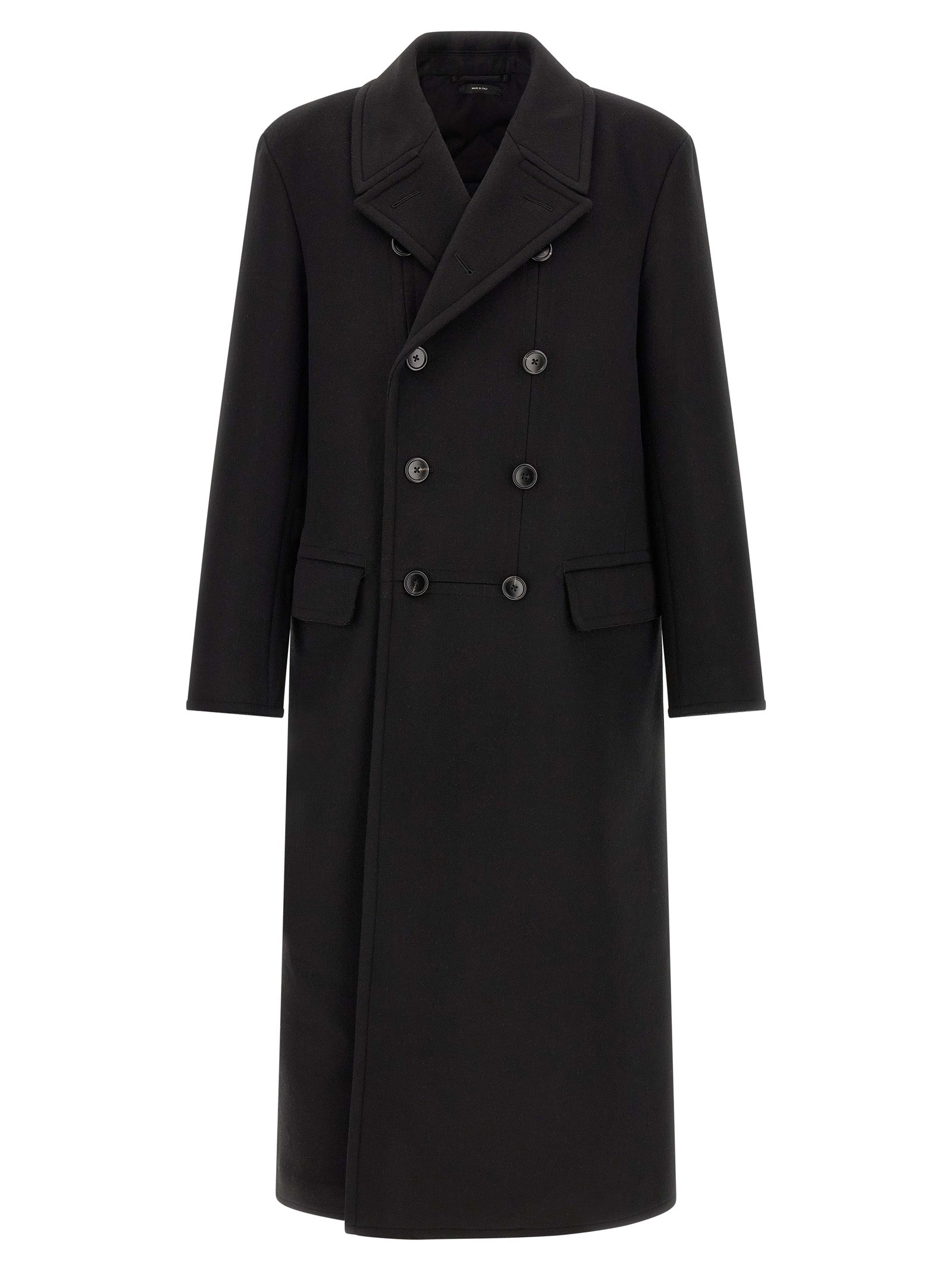 Overcoat by Tom Ford for men in cashmere virgin wool black showcases a architectural silhouette, artfully detailed with a distinctive split neckline and functional pockets for a architectural finish.
