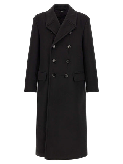 Overcoat by Tom Ford for men in cashmere virgin wool black showcases a architectural silhouette, artfully detailed with a distinctive split neckline and functional pockets for a architectural finish.