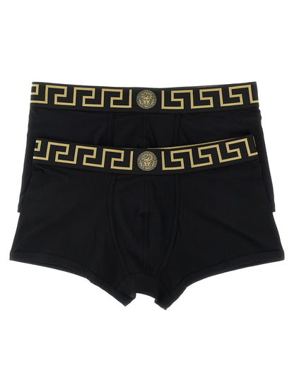Underpants by Versace for men in organic cotton black, gold & patterned features an chic silhouette from the Essence Medusa Men's Organic Cotton Underpants collection, showcasing a sophisticated fit and chic design.