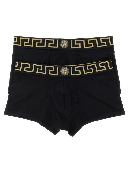 Underpants by Versace for men in organic cotton black, gold & patterned features an chic silhouette from the Essence Medusa Men's Organic Cotton Underpants collection, showcasing a sophisticated fit and chic design.