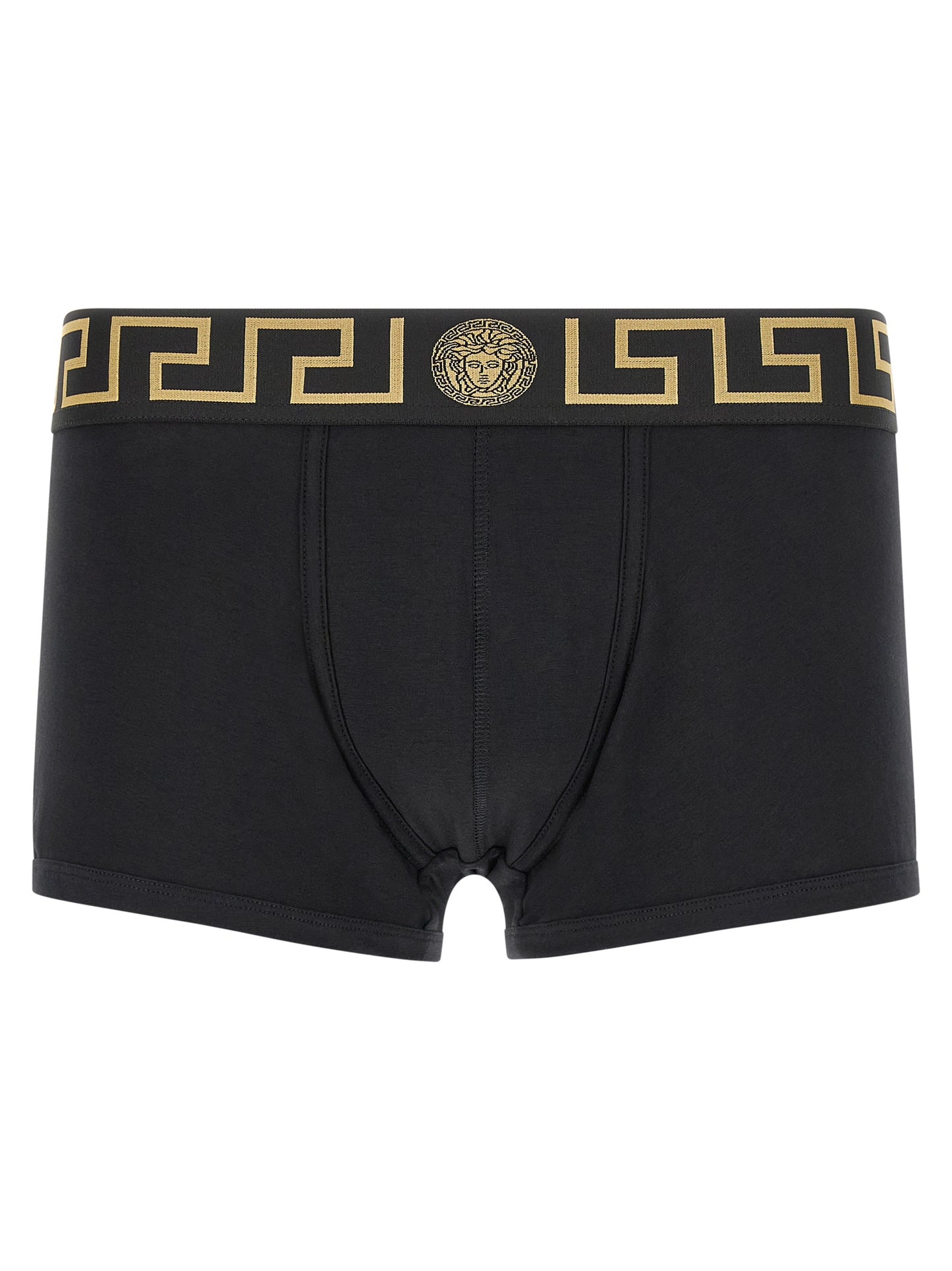 Underpants by Versace for men in organic cotton black, gold & patterned features an nuanced silhouette, showcasing the refined Essence Medusa Men's Organic Cotton Underpants design with a nuanced cut for a premium look.