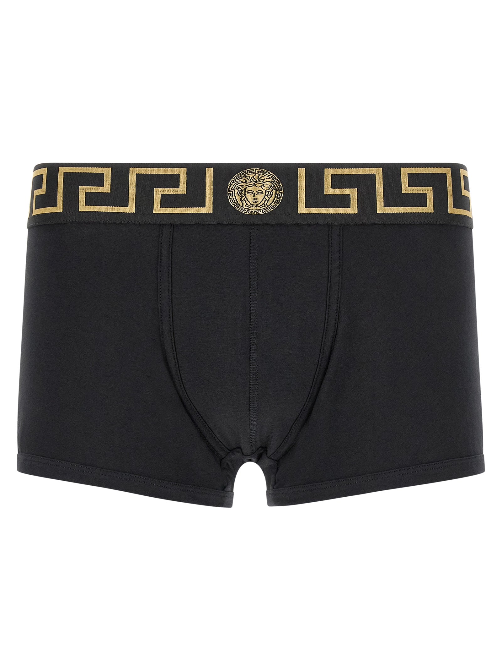 Underpants by Versace for men in organic cotton black, gold & patterned features an nuanced silhouette, showcasing the refined Essence Medusa Men's Organic Cotton Underpants design with a nuanced cut for a premium look.