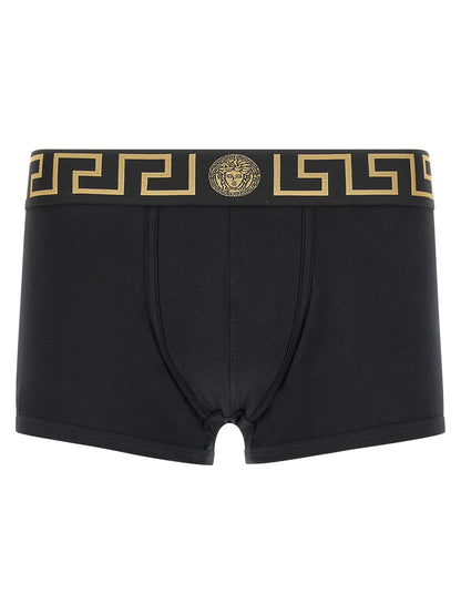 Underpants by Versace for men in organic cotton black, gold & patterned features an nuanced silhouette, showcasing the refined Essence Medusa Men's Organic Cotton Underpants design with a nuanced cut for a premium look.