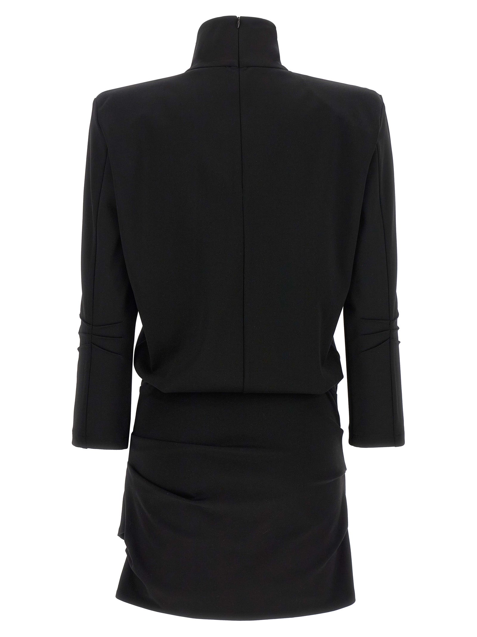 Dress by The Attico for women in viscose black features a dramatic silhouette, showcasing an elegant wrap high-neck neckline and that flows into a dramatic short mini.