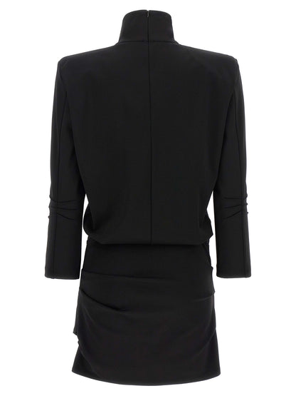 Dress by The Attico for women in viscose black features a dramatic silhouette, showcasing an elegant wrap high-neck neckline and that flows into a dramatic short mini.