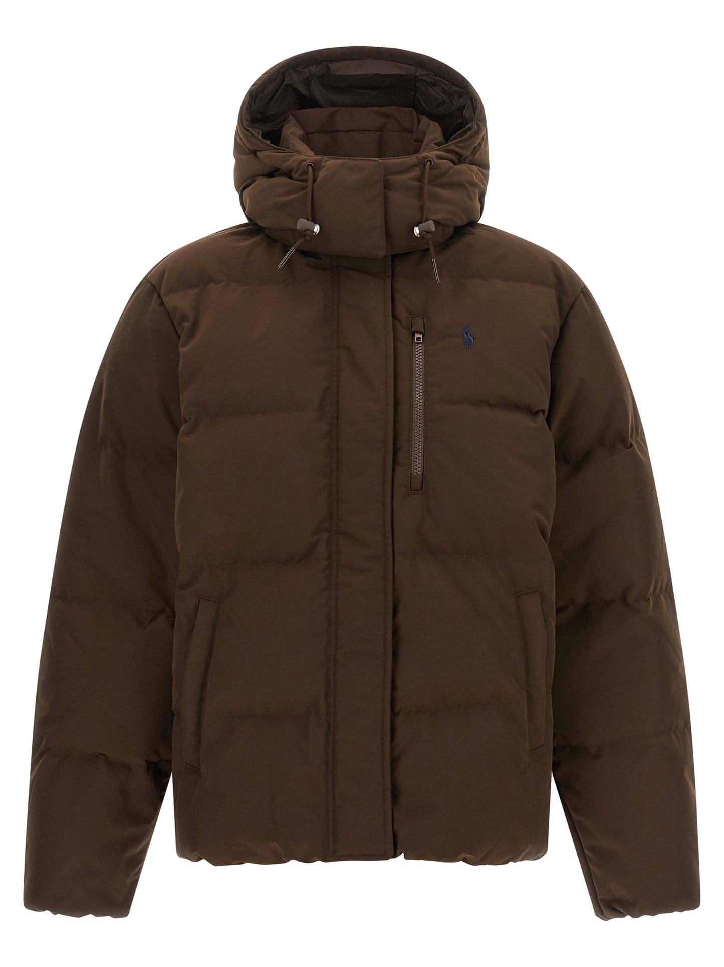 This Hooded Puffer Jacket by Polo Ralph Lauren for women in polyester & duck down brown exhibits a edgy silhouette, meticulously detailed with functional pockets, hooded & insulated and a edgy hooded neckline for a edgy finish.