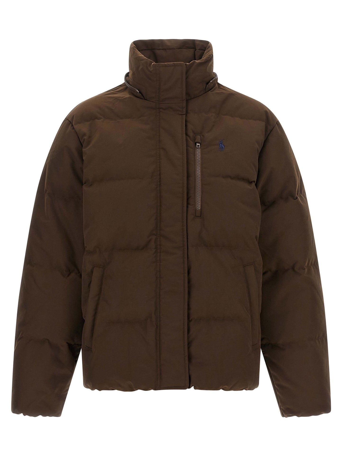 Hooded Puffer Jacket by Polo Ralph Lauren for women in polyester & duck down brown features an contemporary silhouette, showcasing a sophisticated hooded neckline and contemporary pockets, hooded & insulated for a truly refined look.