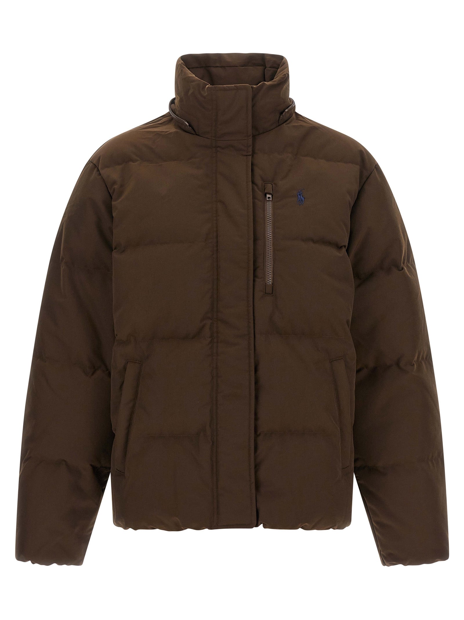 Hooded Puffer Jacket by Polo Ralph Lauren for women in polyester & duck down brown features an contemporary silhouette, showcasing a sophisticated hooded neckline and contemporary pockets, hooded & insulated for a truly refined look.