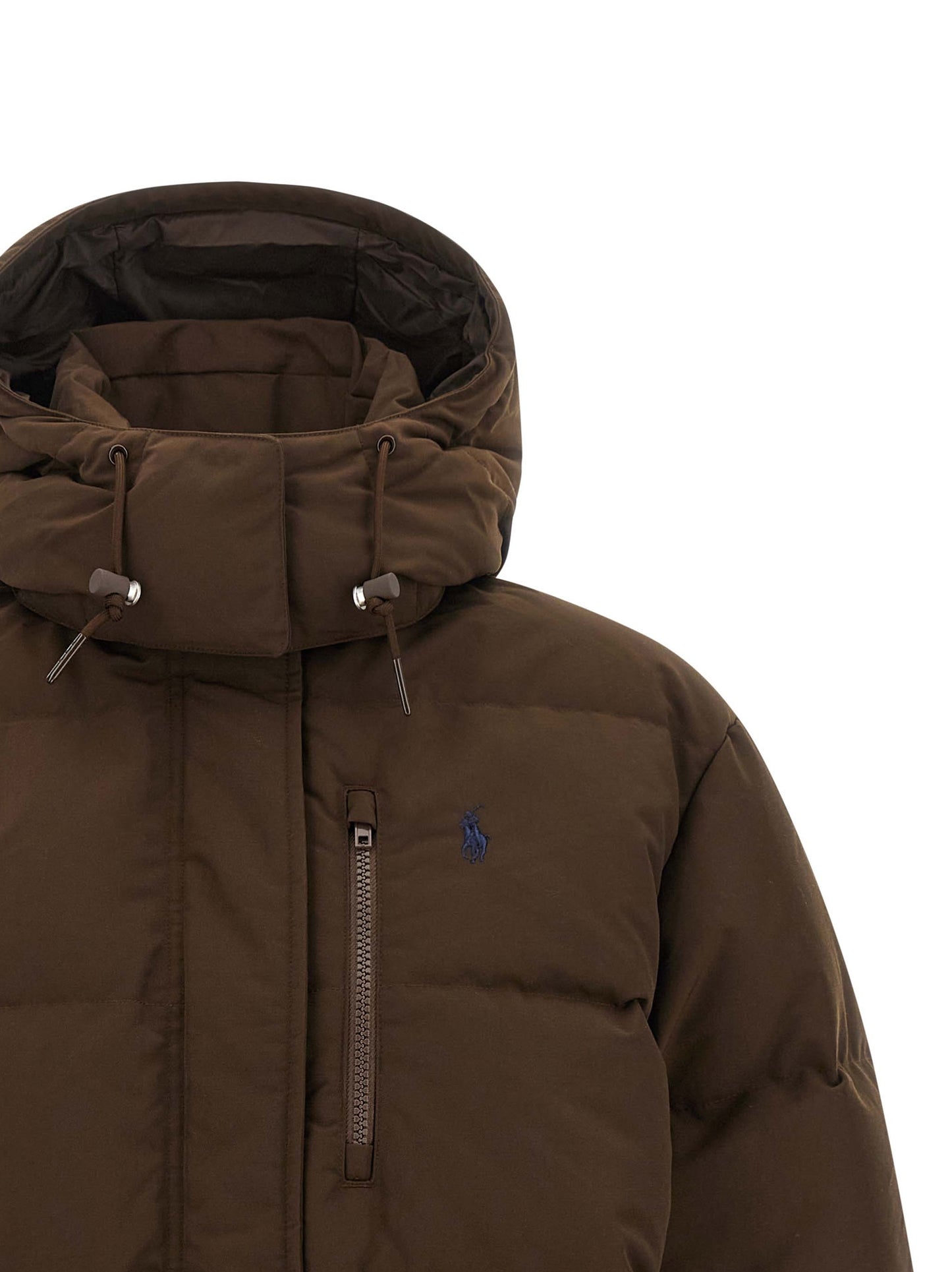 Hooded Puffer Jacket by Polo Ralph Lauren for women in polyester & duck down brown features an contemporary silhouette, showcasing a sophisticated hooded neckline and contemporary pockets, hooded & insulated for a truly refined look.