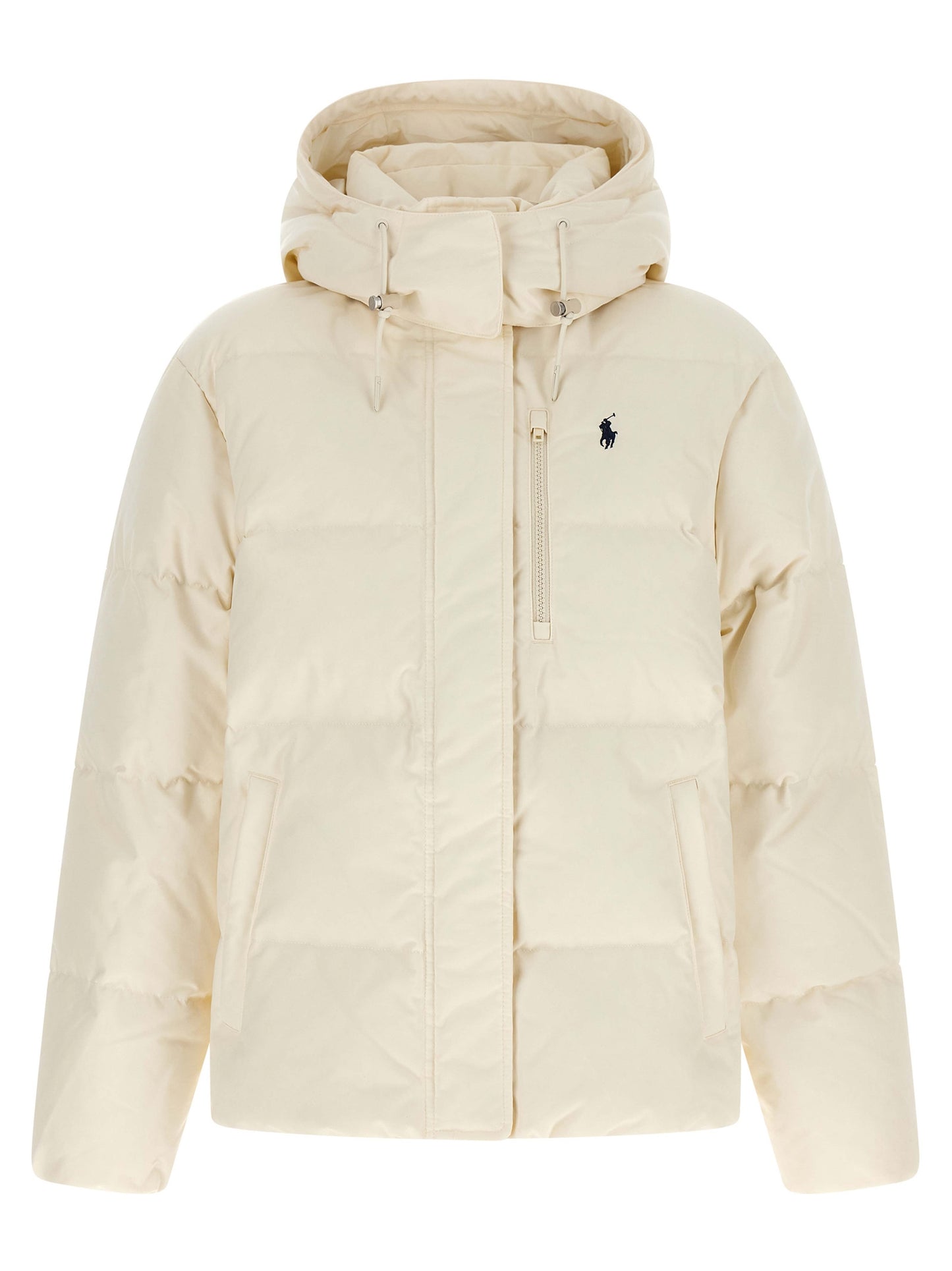 Hooded Overcoat by Polo Ralph Lauren for women in polyester & duck down ivory & white features an voluminous silhouette, showcasing distinct pockets, hooded & insulated and a voluminous hooded neckline for a truly voluminous aesthetic.