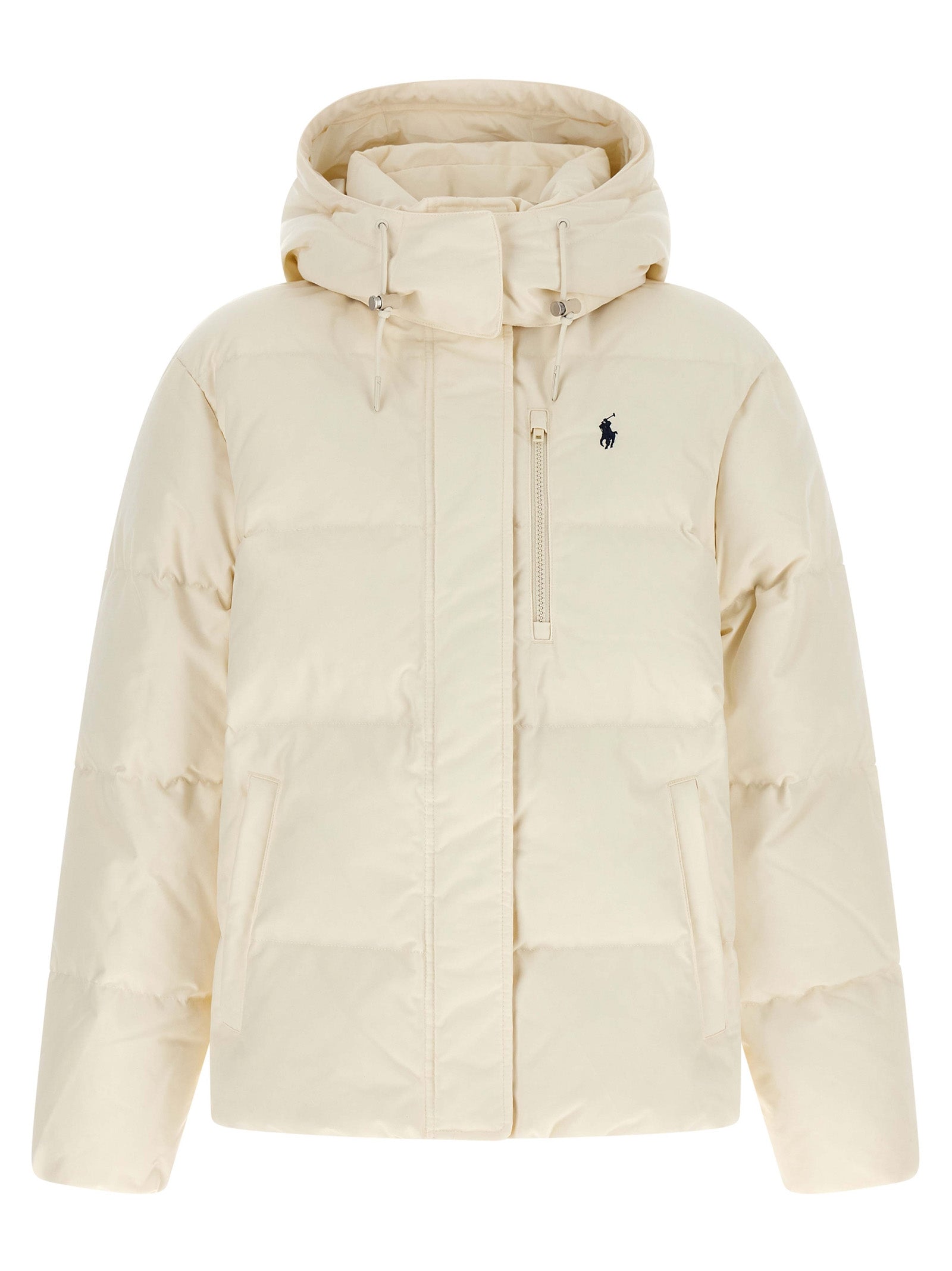 Hooded Overcoat by Polo Ralph Lauren for women in polyester & duck down ivory & white features an voluminous silhouette, showcasing distinct pockets, hooded & insulated and a voluminous hooded neckline for a truly voluminous aesthetic.