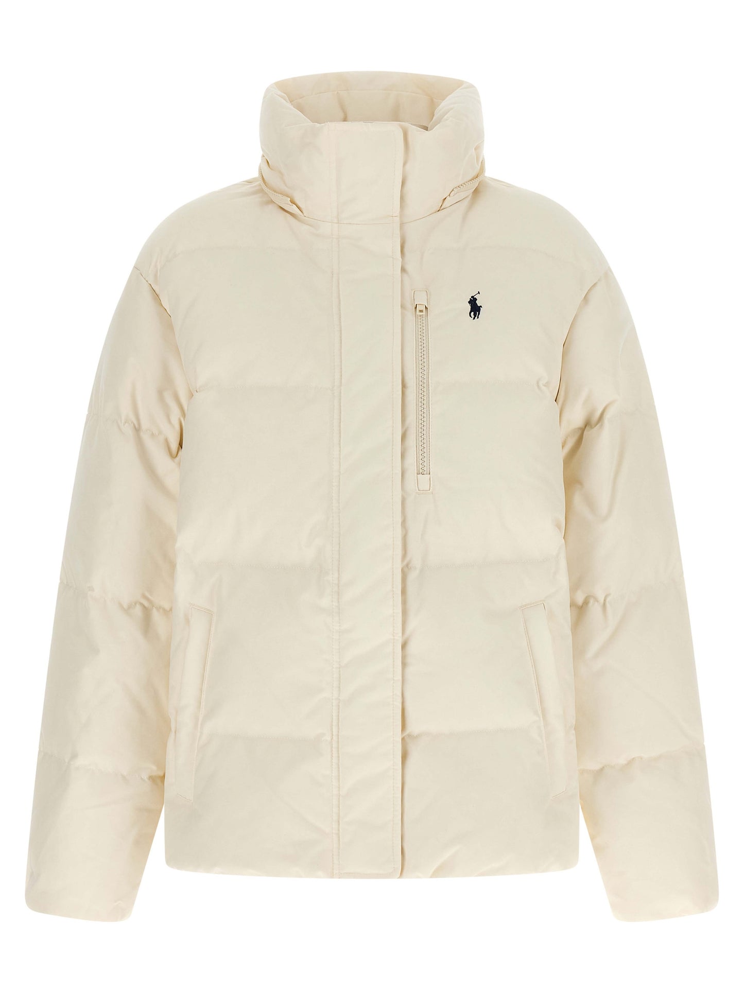 Hooded Overcoat by Polo Ralph Lauren for women in polyester & duck down ivory & white features an satoral silhouette, showcasing a sophisticated hooded neckline and satoral pockets, hooded & insulated for a premium, timeless look.