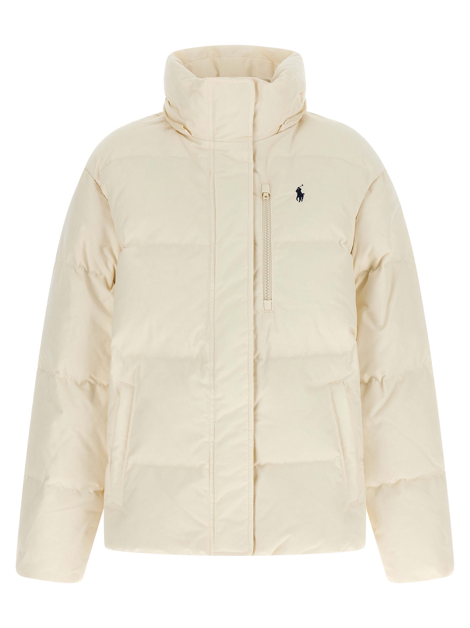 Hooded Overcoat by Polo Ralph Lauren for women in polyester & duck down ivory & white features an satoral silhouette, showcasing a sophisticated hooded neckline and satoral pockets, hooded & insulated for a premium, timeless look.