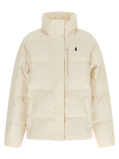 Hooded Overcoat by Polo Ralph Lauren for women in polyester & duck down ivory & white features an satoral silhouette, showcasing a sophisticated hooded neckline and satoral pockets, hooded & insulated for a premium, timeless look.