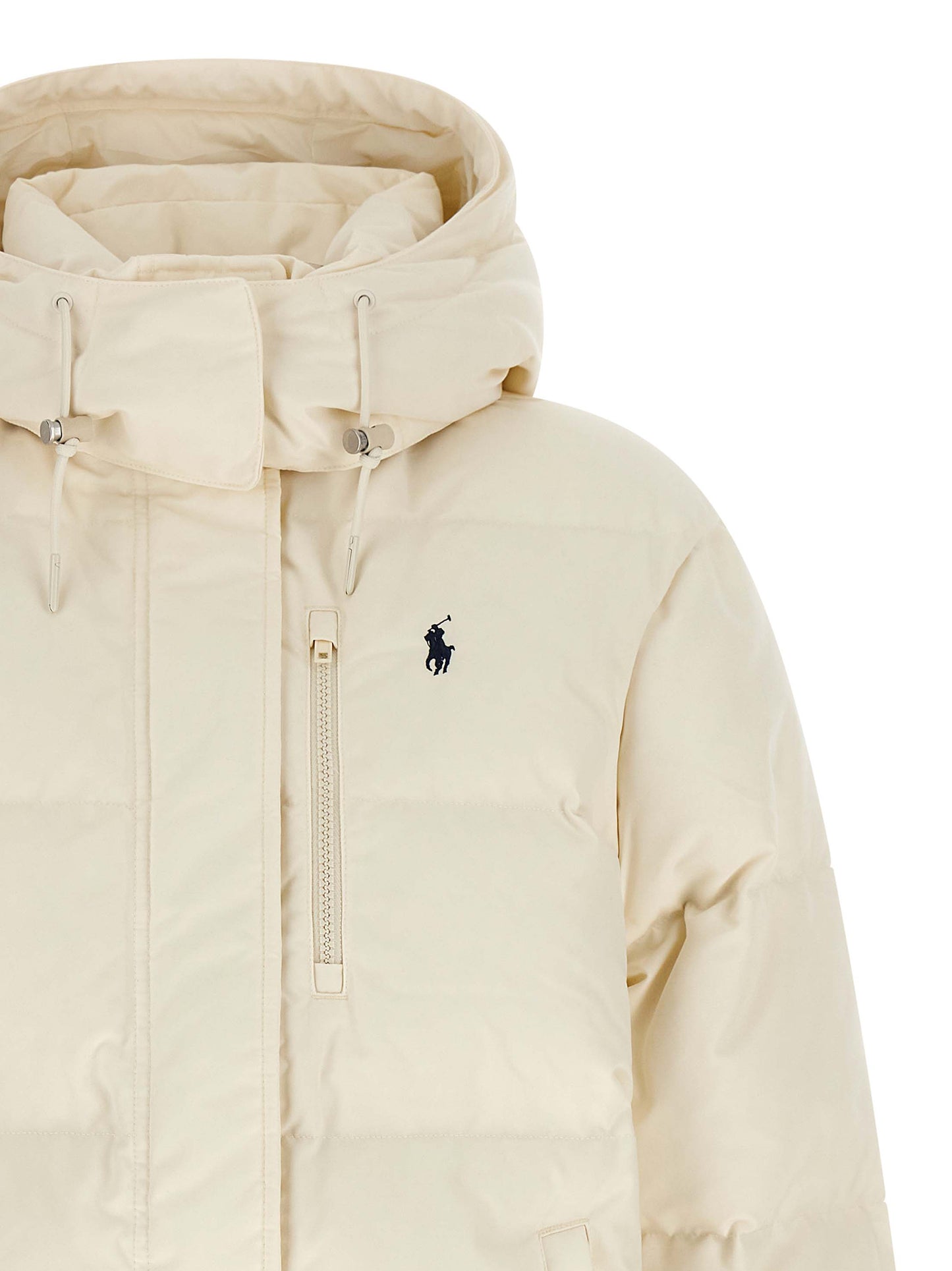 Hooded Overcoat by Polo Ralph Lauren for women in polyester & duck down ivory & white showcases a enveloping silhouette, detailed with distinctive pockets, hooded & insulated and a enveloping hooded neckline.