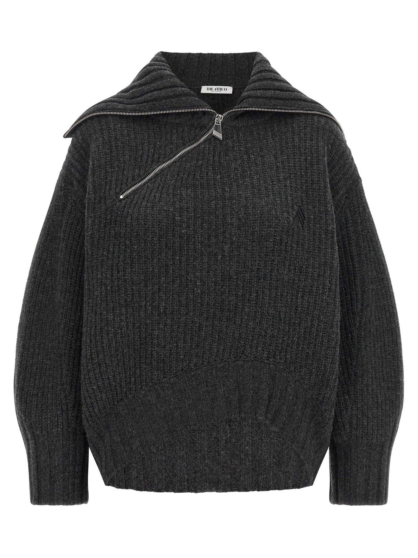Cardigan by The Attico for women in cashmere virgin wool gray presents a textural silhouette, artfully finished with a textural turtle asymmetric scoop neckline and for a sophisticated, textural look.