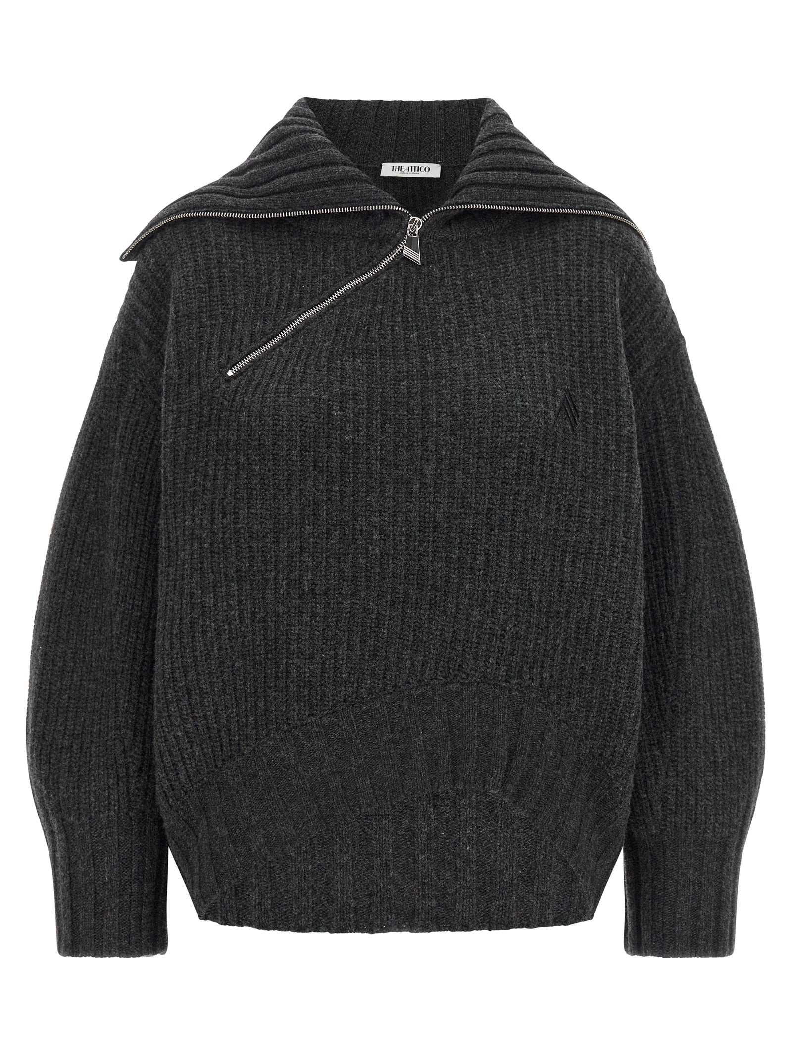 Cardigan by The Attico for women in cashmere virgin wool gray presents a textural silhouette, artfully finished with a textural turtle asymmetric scoop neckline and for a sophisticated, textural look.