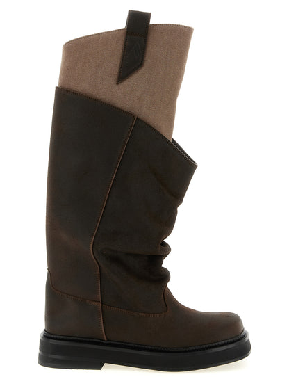 Ankle Combat Over-The-Knee Work Boots by The Attico for women in cotton canvas & bos taurus suede calf leather beige, black & brown features an effortless chic silhouette from the Women's Cotton Canvas & Bos Taurus Suede Calf Leather Ankle Combat Over-The-Knee Work Boots collection, showcasing a effortless chic and refined square toe style for an effortless chic look.