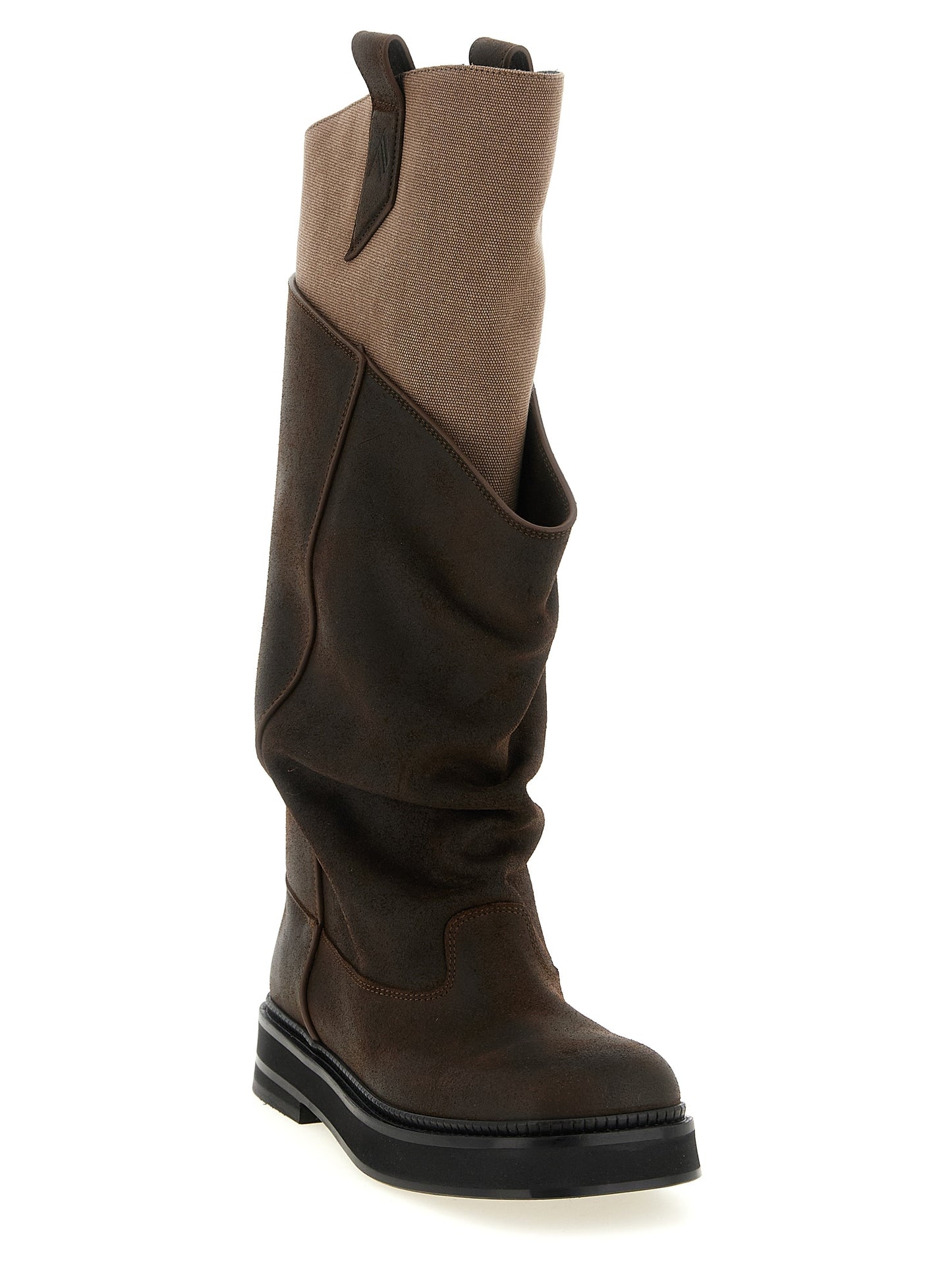 Ankle Combat Over-The-Knee Work Boots by The Attico for women in cotton canvas & bos taurus suede calf leather beige, black & brown features an avant-garde Women's Cotton Canvas & Bos Taurus Suede Calf Leather Ankle Combat Over-The-Knee Work Boots silhouette, defined by a sophisticated and a avant-garde square toe style.