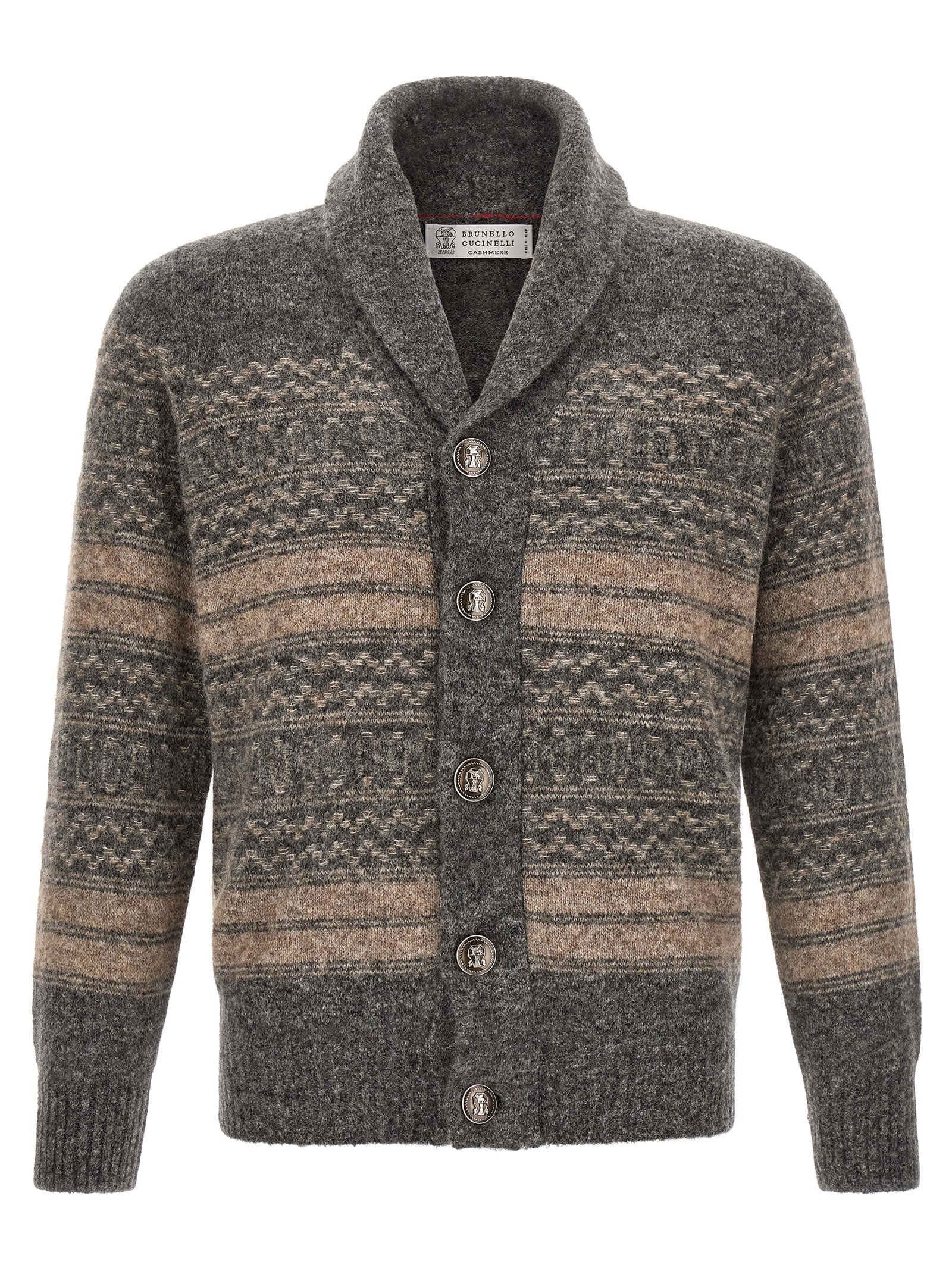 Cardigan by Brunello Cucinelli for men in cashmere & alpaca wool gray & jacquard features an impeccable silhouette, showcasing a sophisticated shawl-collar neckline and detail for a truly impeccable finish.