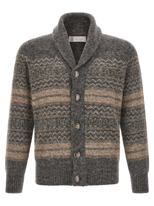 Cardigan by Brunello Cucinelli for men in cashmere & alpaca wool gray & jacquard features an impeccable silhouette, showcasing a sophisticated shawl-collar neckline and detail for a truly impeccable finish.