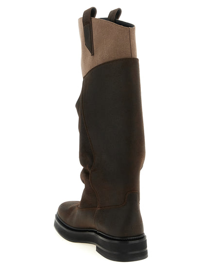 Ankle Combat Over-The-Knee Work Boots by The Attico for women in cotton canvas & bos taurus suede calf leather beige, black & brown features an dynamic silhouette, showcasing the dynamic Women's Cotton Canvas & Bos Taurus Suede Calf Leather Ankle Combat Over-The-Knee Work Boots design with its distinctive and elegant square toe style.