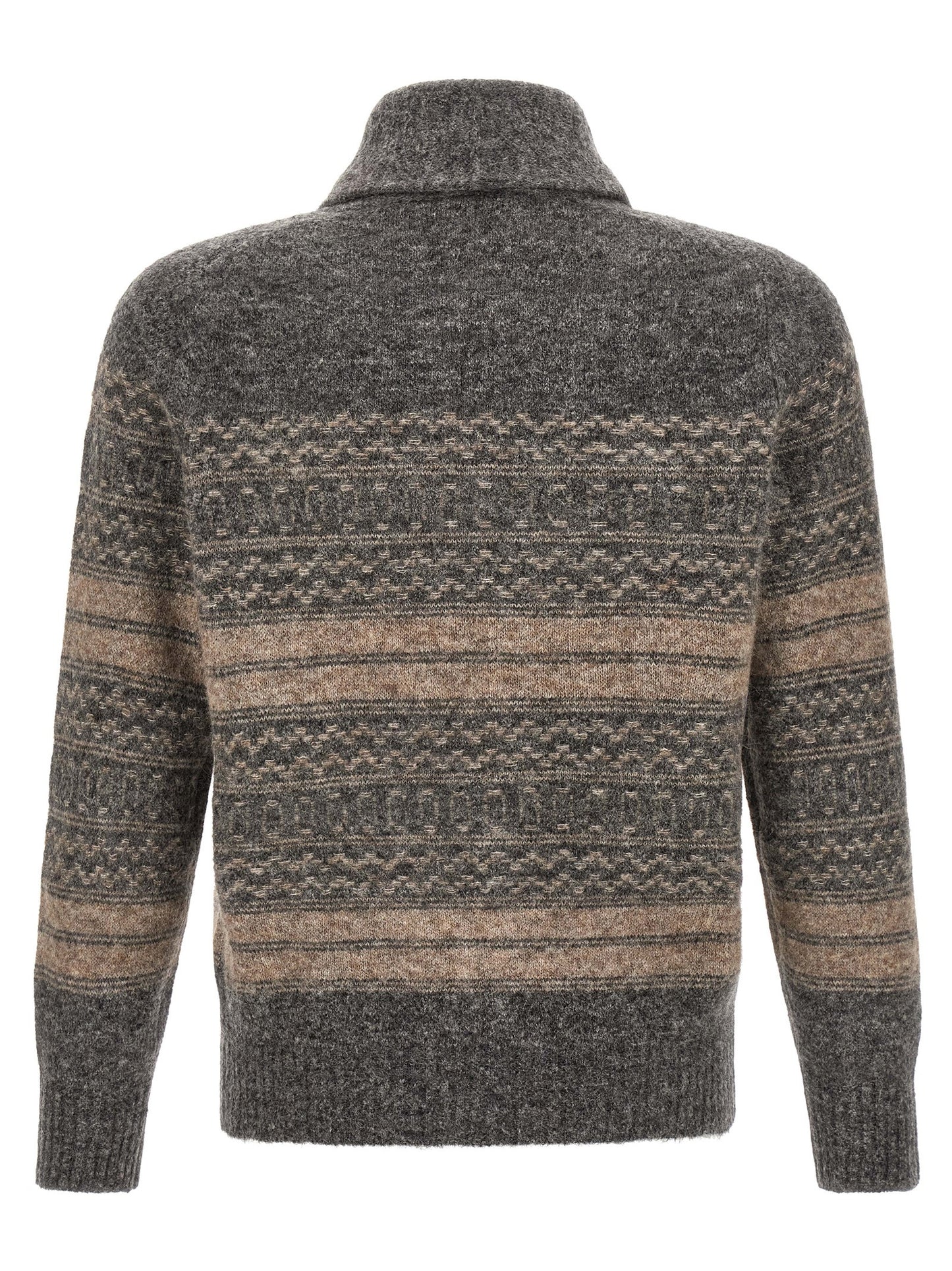Cardigan by Brunello Cucinelli for men in cashmere & alpaca wool gray & jacquard features an crisp silhouette, showcasing a sophisticated shawl-collar neckline and detail for a truly crisp finish.