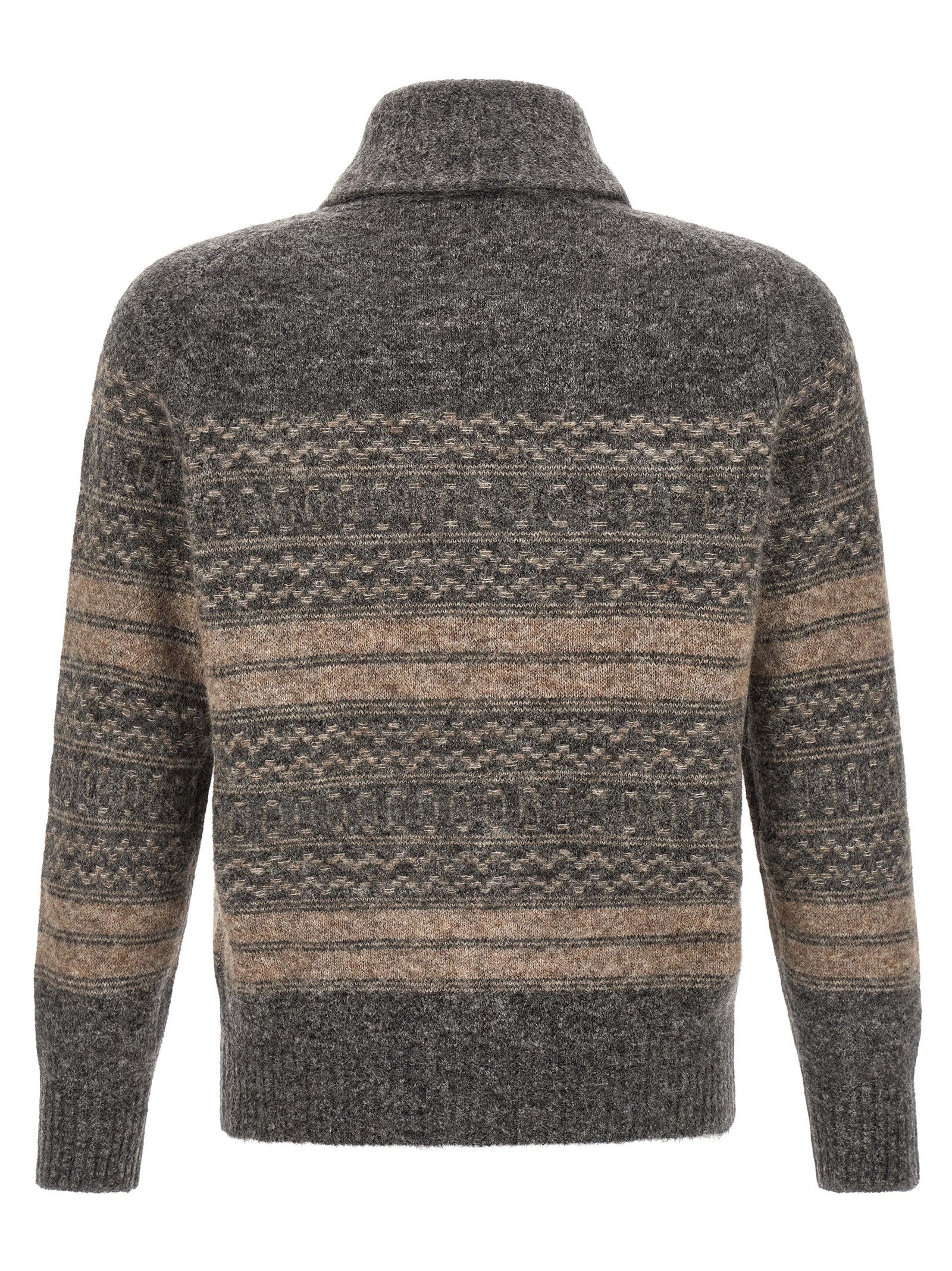 Cardigan by Brunello Cucinelli for men in cashmere & alpaca wool gray & jacquard features an crisp silhouette, showcasing a sophisticated shawl-collar neckline and detail for a truly crisp finish.