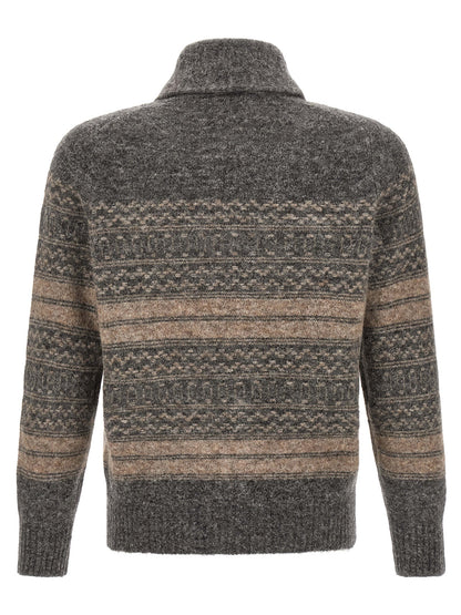Cardigan by Brunello Cucinelli for men in cashmere & alpaca wool gray & jacquard features an crisp silhouette, showcasing a sophisticated shawl-collar neckline and detail for a truly crisp finish.