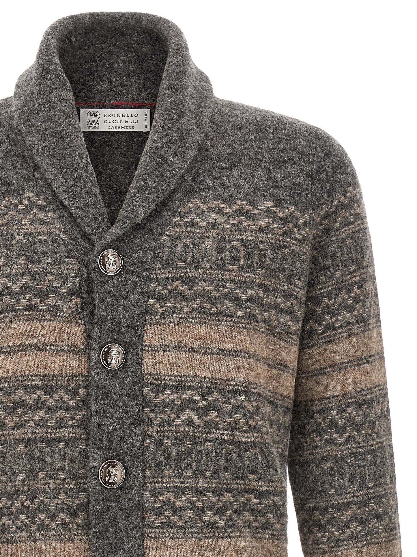 Cardigan by Brunello Cucinelli for men in cashmere & alpaca wool gray & jacquard presents a textural silhouette, artfully finished with a textural shawl-collar neckline and for a sophisticated, textural look.