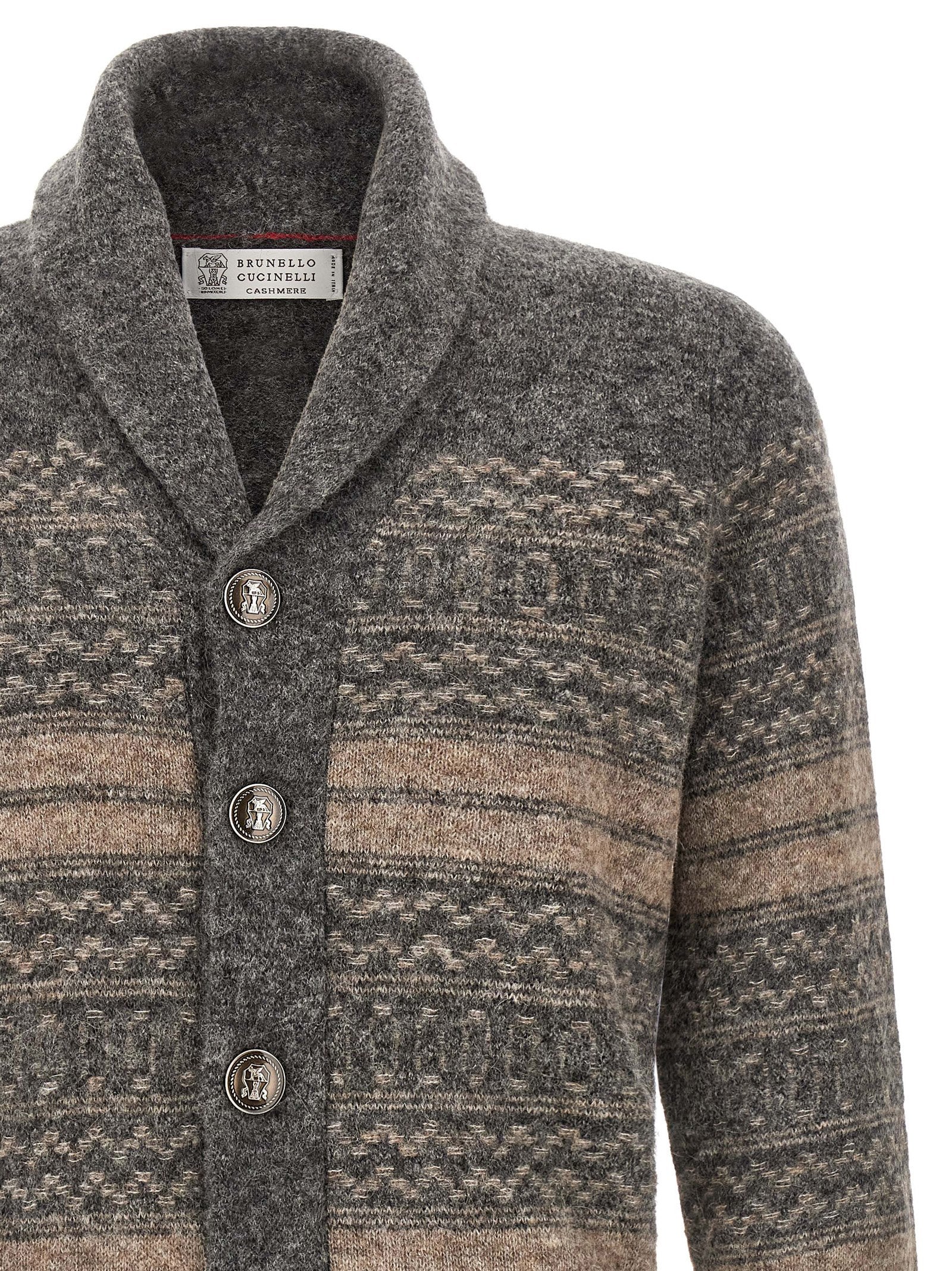 Cardigan by Brunello Cucinelli for men in cashmere & alpaca wool gray & jacquard presents a textural silhouette, artfully finished with a textural shawl-collar neckline and for a sophisticated, textural look.