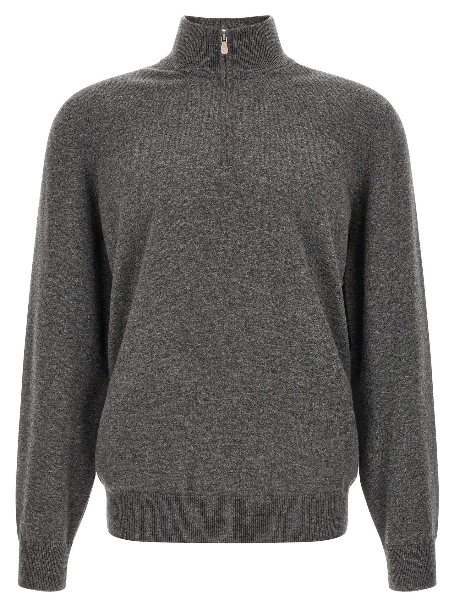 Cardigan by Brunello Cucinelli for men in cashmere gray showcases a captivating silhouette, artfully detailed with a captivating long-sleeve and high-neck neckline for a truly sophisticated captivating look.