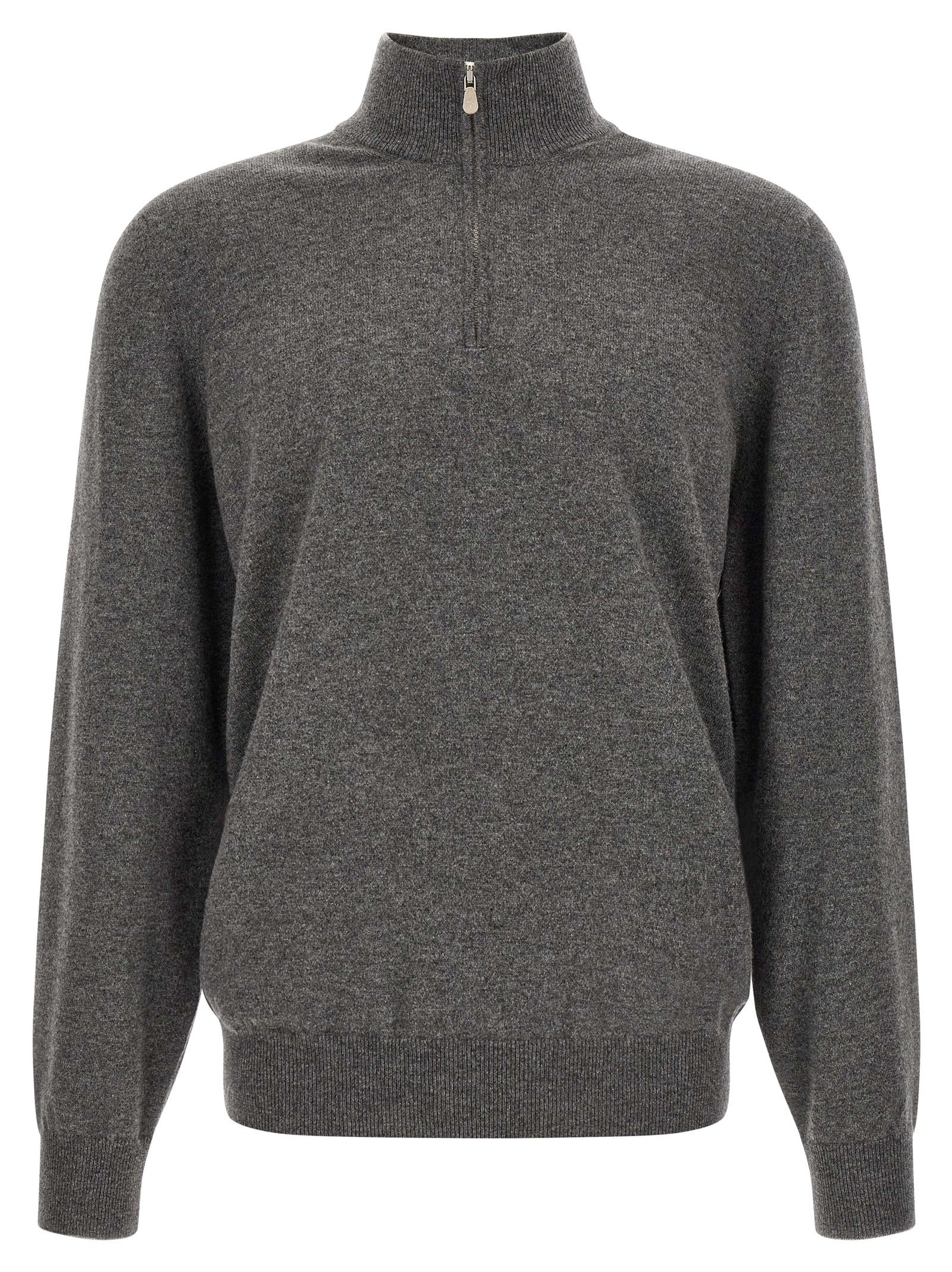 Cardigan by Brunello Cucinelli for men in cashmere gray showcases a captivating silhouette, artfully detailed with a captivating long-sleeve and high-neck neckline for a truly sophisticated captivating look.
