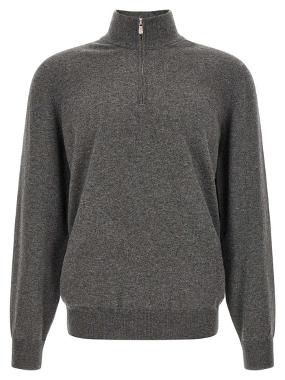 Cardigan by Brunello Cucinelli for men in cashmere gray showcases a captivating silhouette, artfully detailed with a captivating long-sleeve and high-neck neckline for a truly sophisticated captivating look.