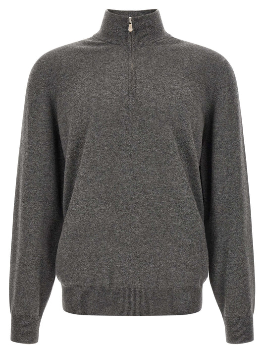 Cardigan by Brunello Cucinelli for men in cashmere gray showcases a captivating silhouette, artfully detailed with a captivating long-sleeve and high-neck neckline for a truly sophisticated captivating look.