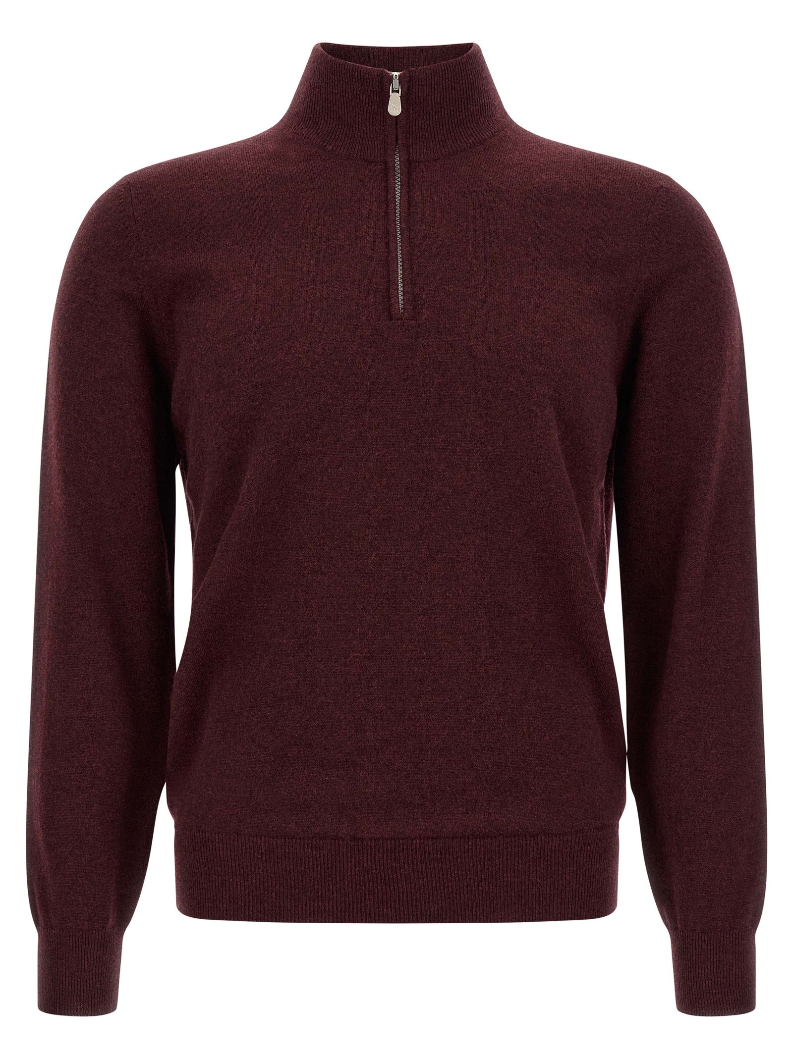 Cardigan by Brunello Cucinelli for men in cashmere bordeaux & burgundy presents a textural silhouette, artfully finished with a textural high-neck neckline and long-sleeve for a sophisticated, textural look.