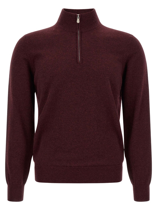 Cardigan by Brunello Cucinelli for men in cashmere bordeaux & burgundy presents a textural silhouette, artfully finished with a textural high-neck neckline and long-sleeve for a sophisticated, textural look.