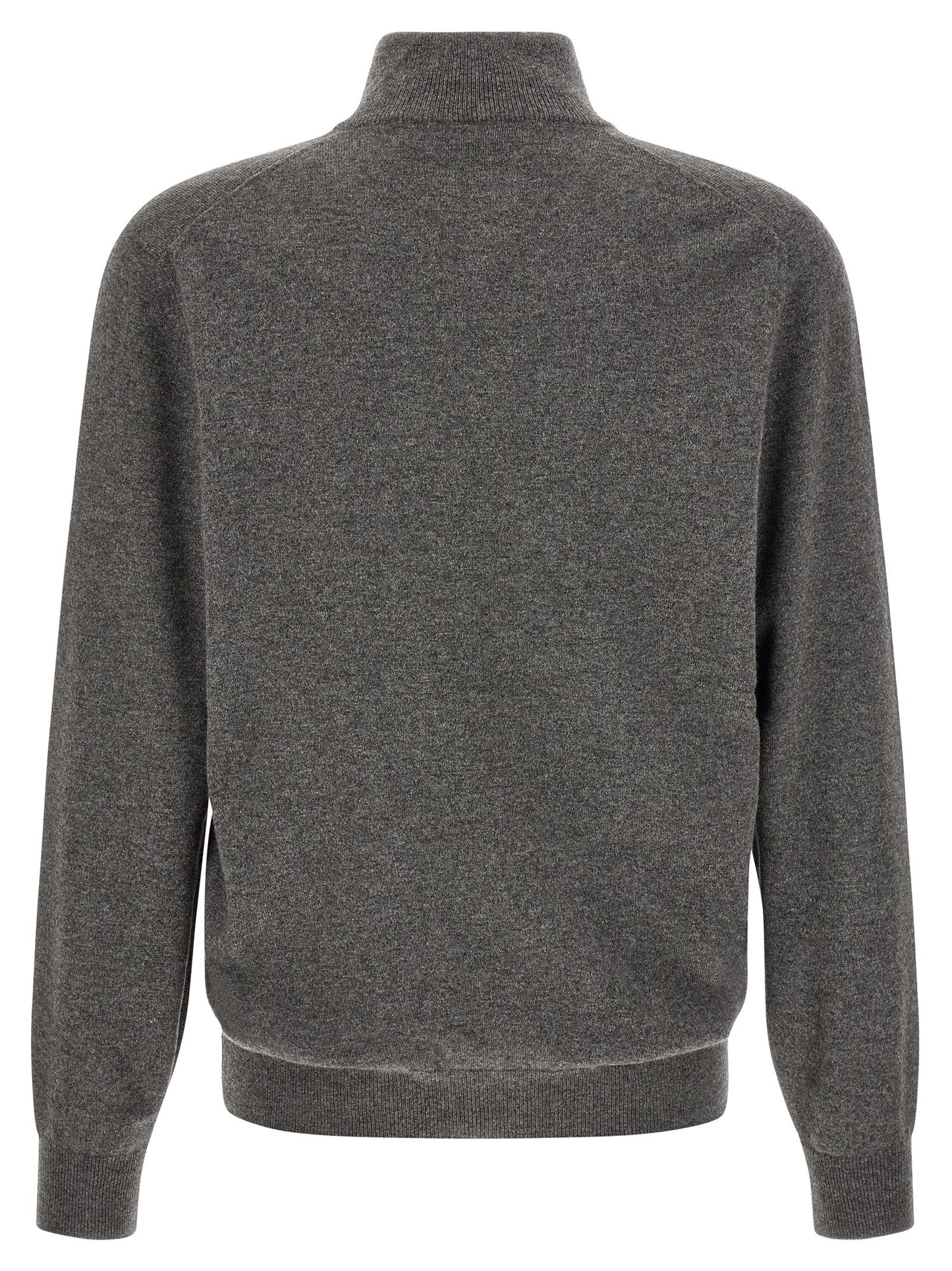 Cardigan by Brunello Cucinelli for men in cashmere gray features a dramatic silhouette, showcasing a sophisticated high-neck neckline and dramatic detail for a timeless, premium look.
