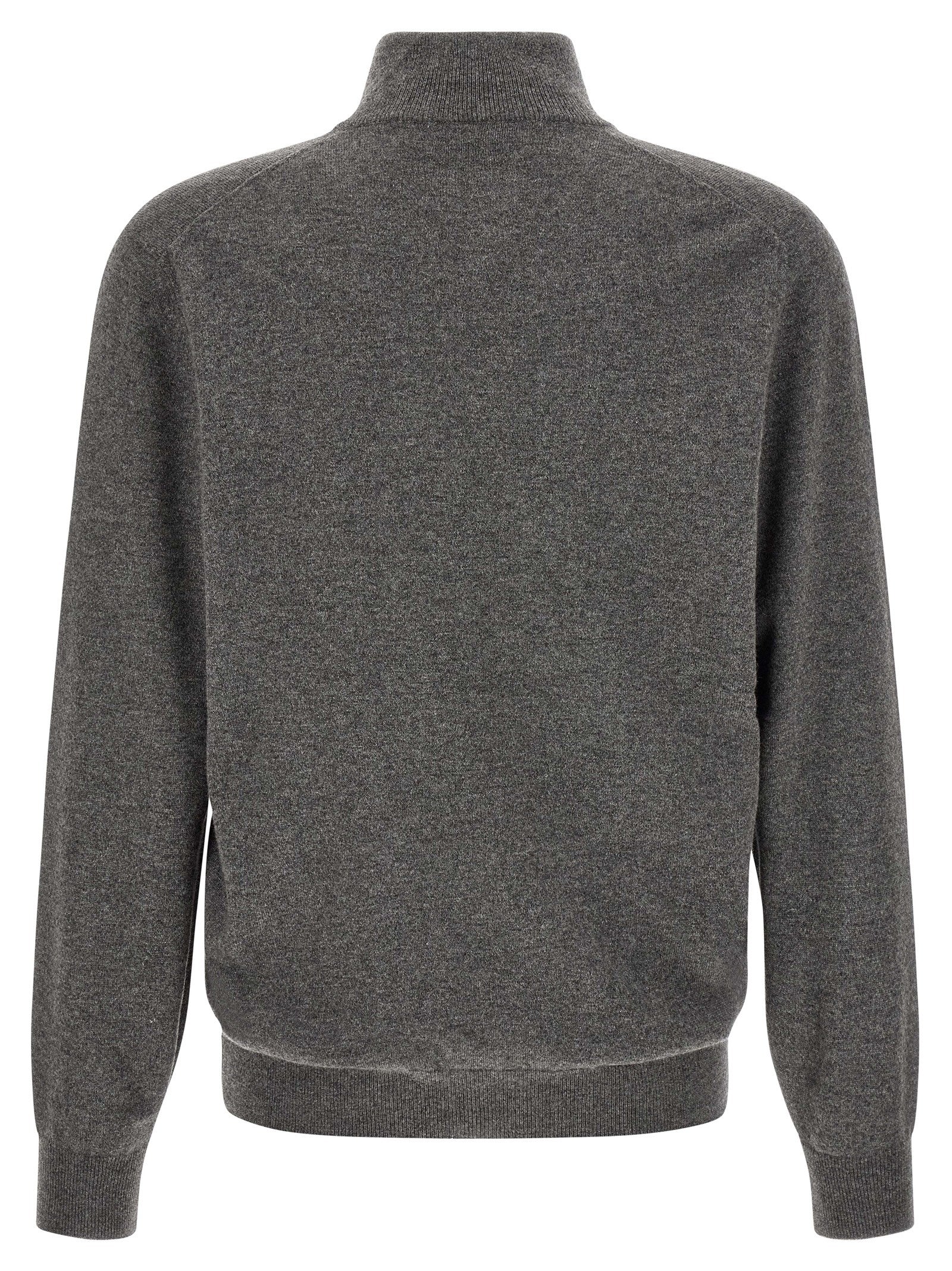 Cardigan by Brunello Cucinelli for men in cashmere gray features a dramatic silhouette, showcasing a sophisticated high-neck neckline and dramatic detail for a timeless, premium look.
