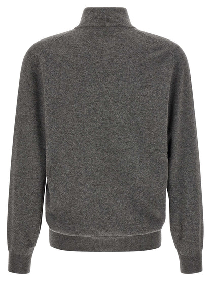 Cardigan by Brunello Cucinelli for men in cashmere gray features a dramatic silhouette, showcasing a sophisticated high-neck neckline and dramatic detail for a timeless, premium look.