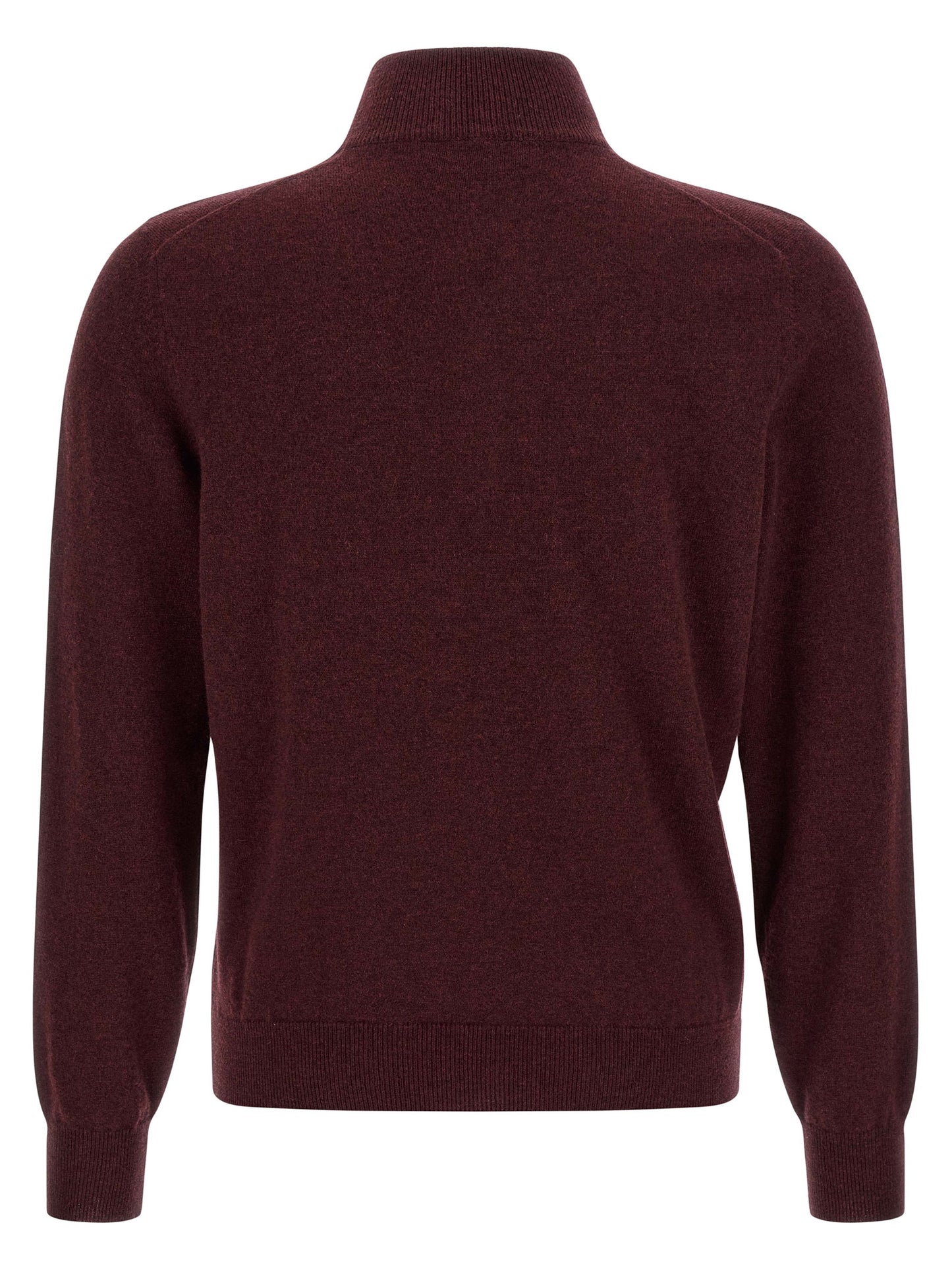 Cardigan by Brunello Cucinelli for men in cashmere bordeaux & burgundy features an crisp silhouette, showcasing a sophisticated high-neck neckline and detail for a truly crisp finish.