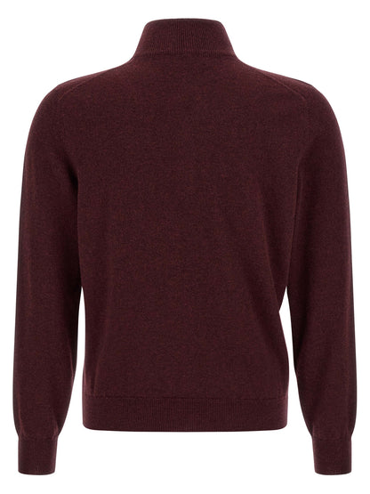 Cardigan by Brunello Cucinelli for men in cashmere bordeaux & burgundy features an crisp silhouette, showcasing a sophisticated high-neck neckline and detail for a truly crisp finish.